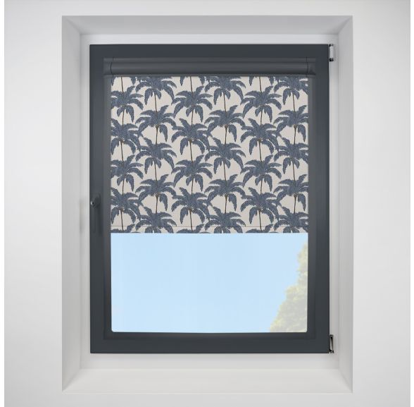 Vintage Palm Indigo Perfect Fit Roller Motorised Blind with Anthracite Frame