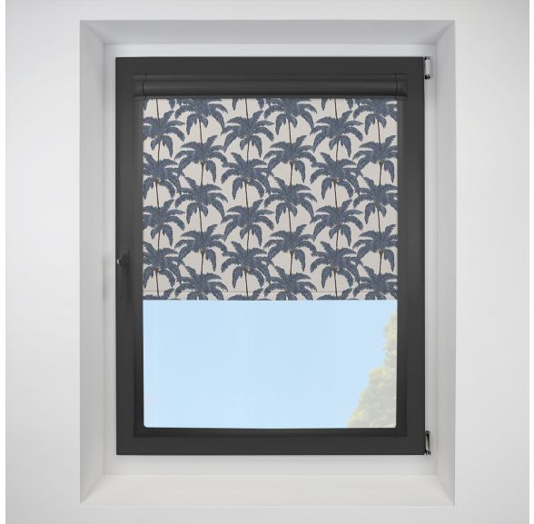 Vintage Palm Indigo Perfect Fit Roller Motorised Blind with Black Frame